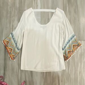 Supply and Demand White Rayon Top with Colorful Embroidery on Sleeves, Small